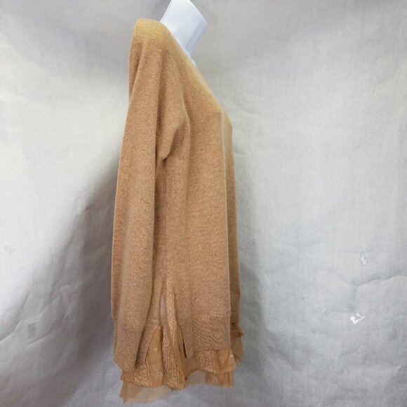 Garnet Hill Shirt Tail Cashmere Sweater Women's L Oatmeal Brown Sheer Lace Hem - Picture 6 of 15